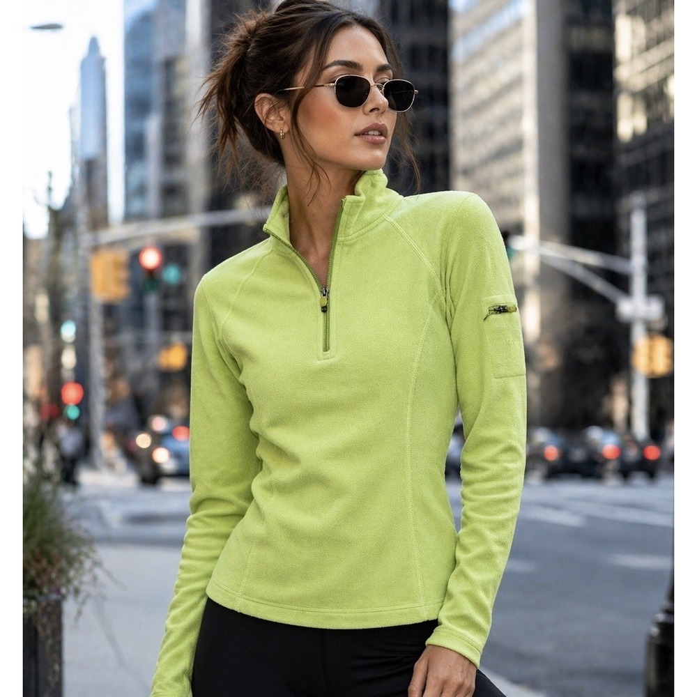 LL Bean Womens Lime Green Fleece Pullover 1/4 Zip Long Sleeve XS Regular